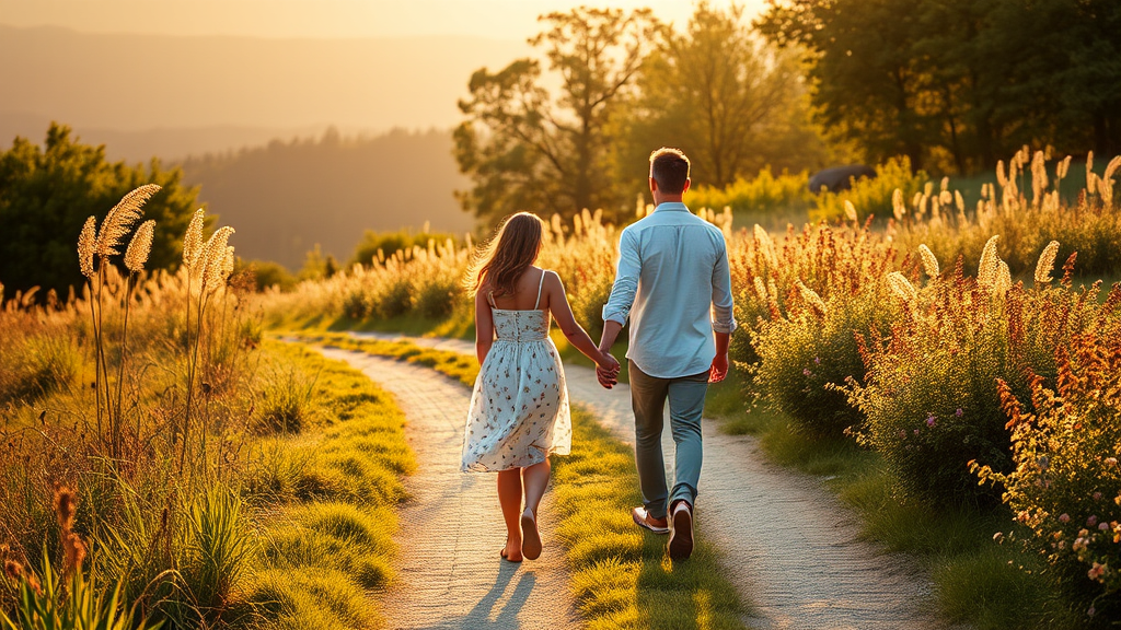 Couple walking together on scenic path, holding hands, surrounded by nature, warm golden hour lighting, no text no words no letters