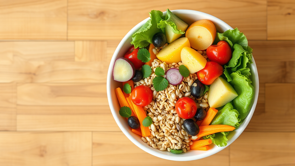 Healthy colorful meal bowl with vegetables fruits and grains on wooden table, no text, no words, no letters