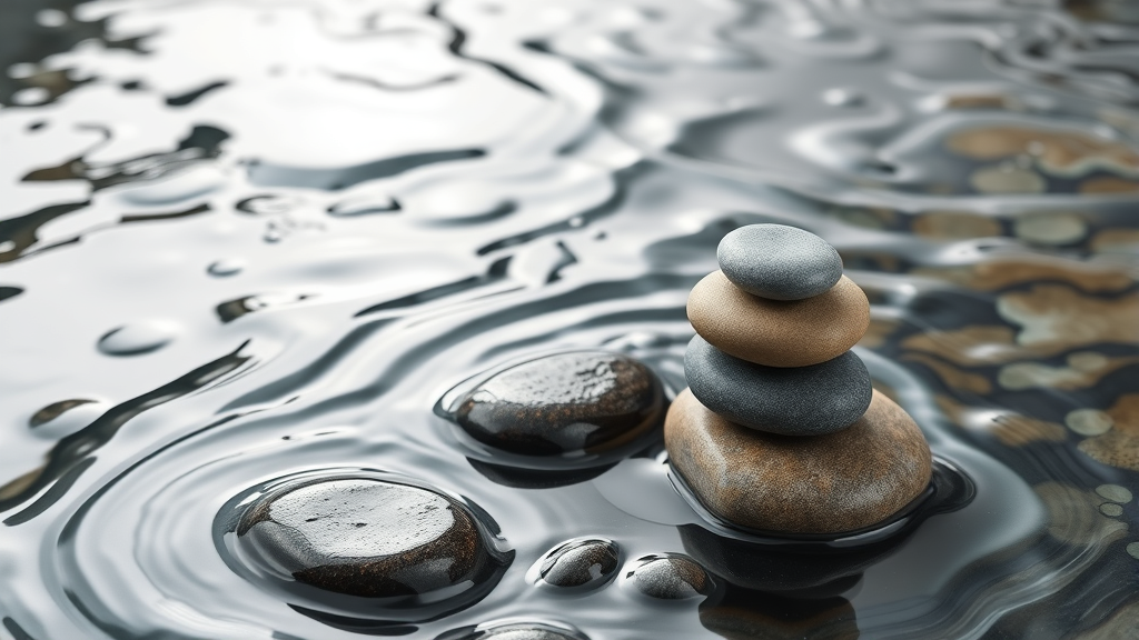 Abstract wellness concept with flowing water and zen stones in balanced arrangement, no text, no words, no letters
