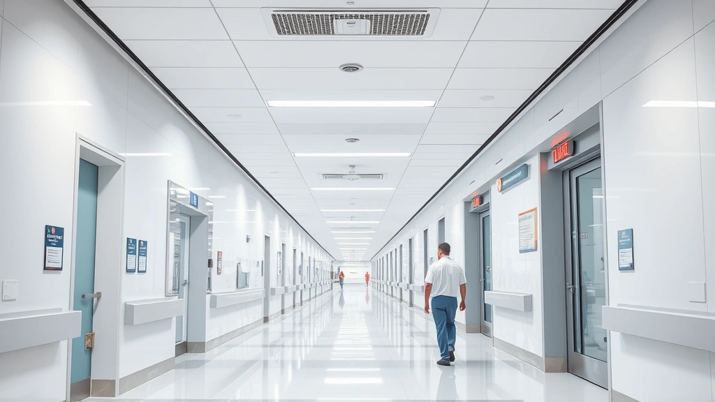 Modern hospital corridor with bright lighting, clean architecture, medical staff walking, contemporary healthcare facility interior design, professional medical environment