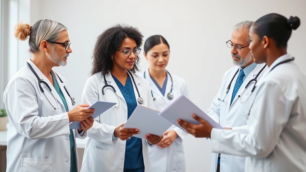Medical team collaborating during patient consultation, doctors and nurses reviewing charts together, diverse healthcare professionals in clinical setting, patient care coordination