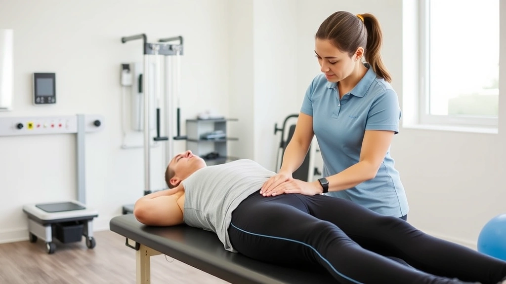 Patient receiving physical therapy treatment, therapist assisting with rehabilitation exercises, modern therapy clinic with equipment, recovery and wellness focused care