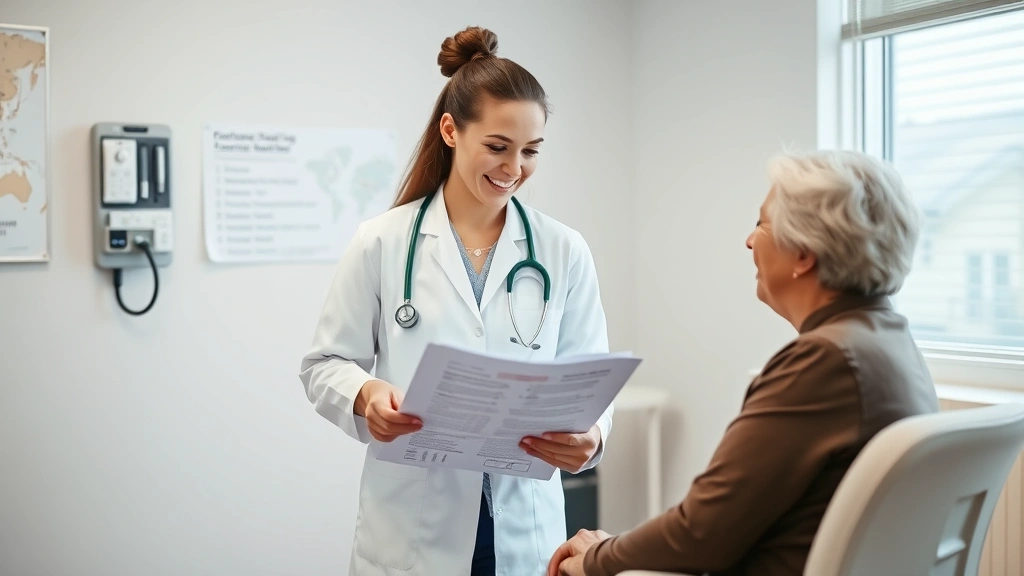 Doctor or nurse practitioner in white coat reviewing medical charts with patient in examination room, showing empathetic engagement and professional attire