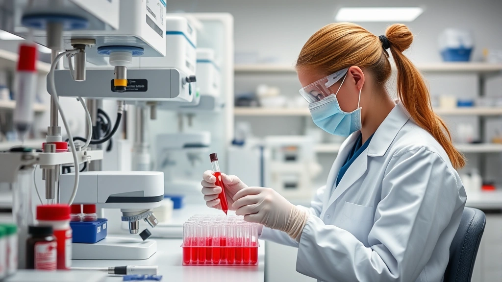 Laboratory technician working with blood samples and diagnostic equipment in a modern medical laboratory, precise and professional atmosphere