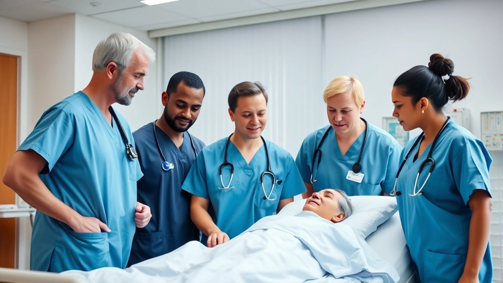 Professional healthcare team collaborating around a patient bed in a modern hospital setting, wearing scrubs and stethoscopes, focused expressions showing teamwork and care