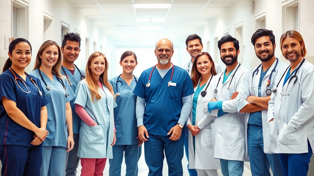 Diverse group of medical professionals including nurses, doctors, and technicians standing together in a bright hospital corridor, smiling and confident, representing career opportunity