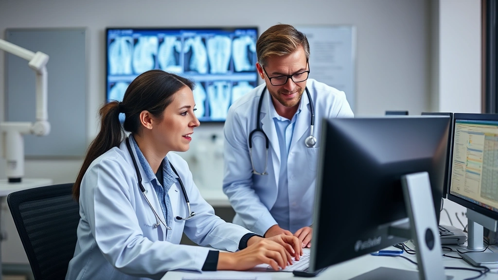 Mentorship scene showing experienced healthcare professional guiding a younger colleague at a workstation with medical charts and computer screens, collaborative learning environment