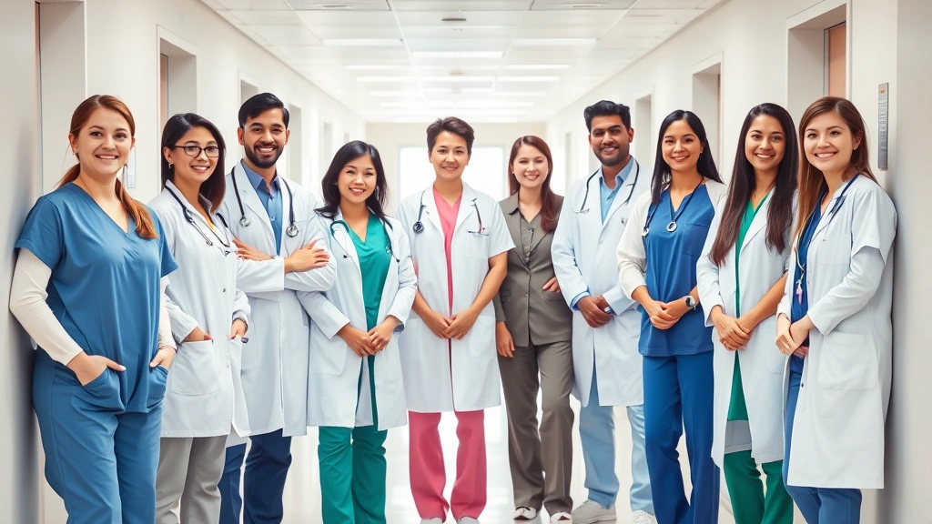 Professional healthcare team in modern hospital hallway, diverse medical staff wearing scrubs and white coats, natural lighting, collaborative atmosphere, clean medical environment