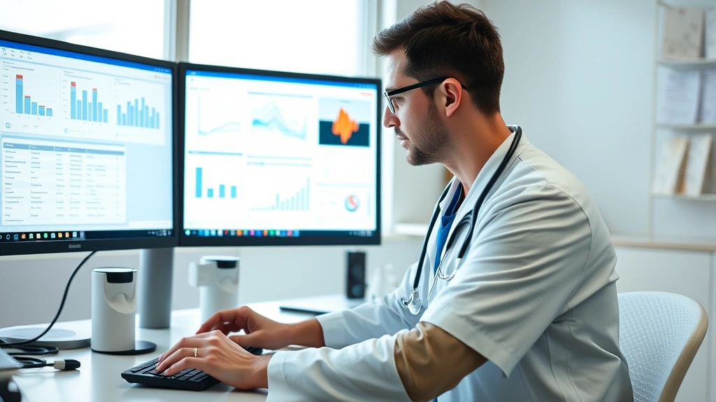 Medical professional reviewing patient records at computer workstation, clinical office setting, focused healthcare worker, modern healthcare technology, organized medical workspace