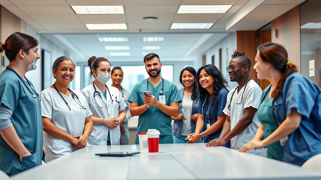 Diverse group of healthcare workers in hospital break room during shift, relaxed atmosphere, colleagues interacting positively, modern healthcare facility interior, supportive workplace culture