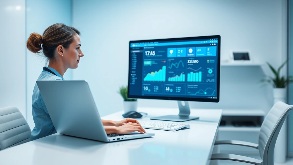 Professional healthcare worker using a laptop at a clean, modern medical office desk with soft blue lighting and computer monitor displaying health data dashboard interface