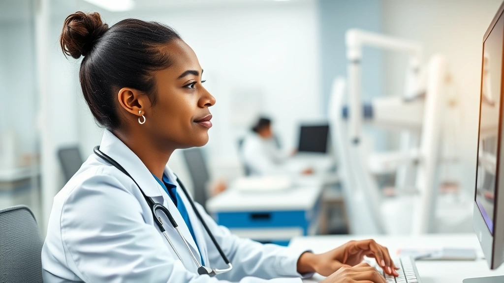 Healthcare professional at computer workstation, hands on keyboard, focused expression, modern office environment with medical equipment visible in soft focus background