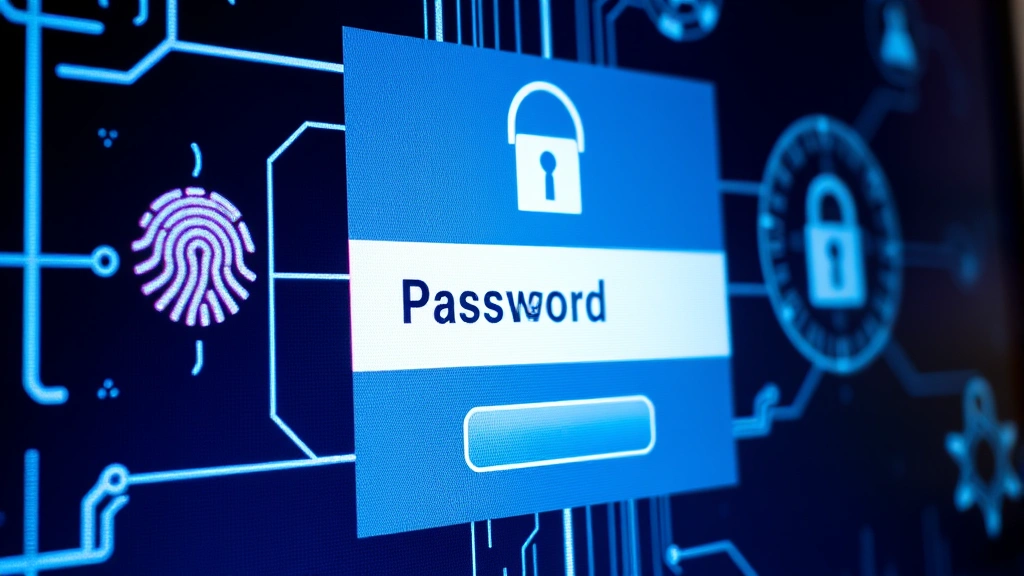 Close-up of secure password entry on a computer screen with biometric authentication symbols like fingerprint and lock icons surrounding the login field