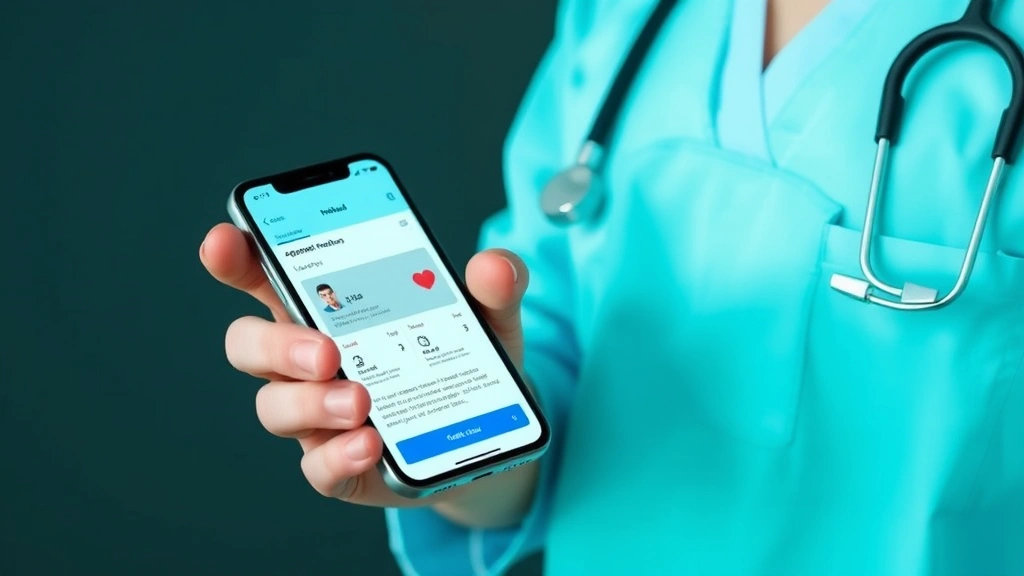 Healthcare professional holding a smartphone showing a mobile health application interface with appointment calendar and patient communication features visible on screen
