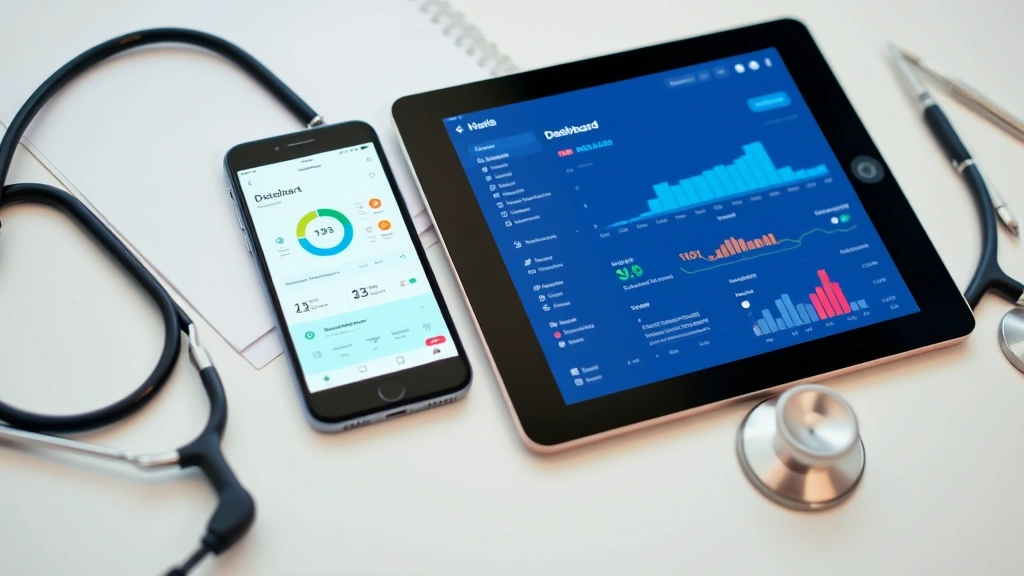 Mobile phone and tablet displaying healthcare dashboard interface on screens, placed on desk beside stethoscope and medical documents, professional healthcare environment