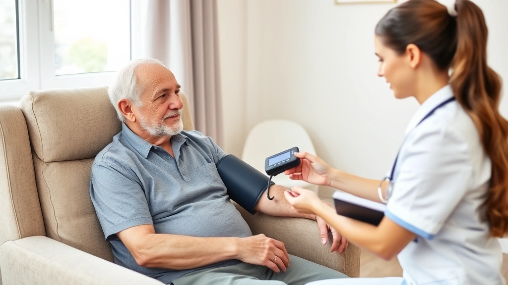 Senior patient sitting in comfortable living room chair while a professional female nurse takes blood pressure reading with digital monitor, warm natural lighting through window
