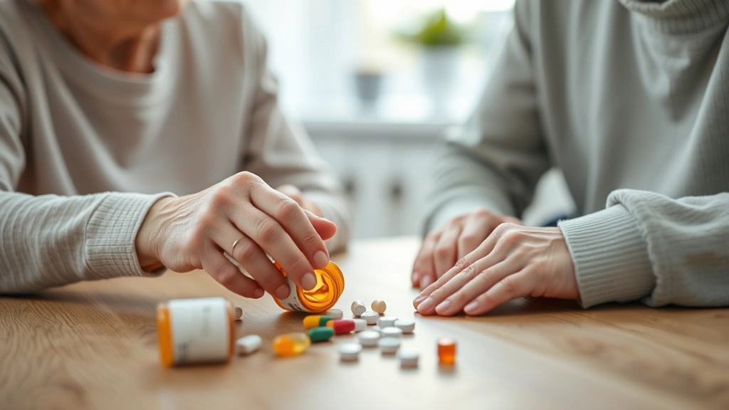 Close-up of caregiver's hands assisting elderly patient with medication bottle and pills on kitchen table, compassionate interaction, soft focus background