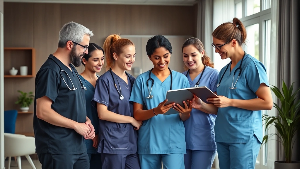 Diverse team of healthcare professionals in scrubs reviewing digital tablet together in modern home healthcare office, collaborative atmosphere, professional setting