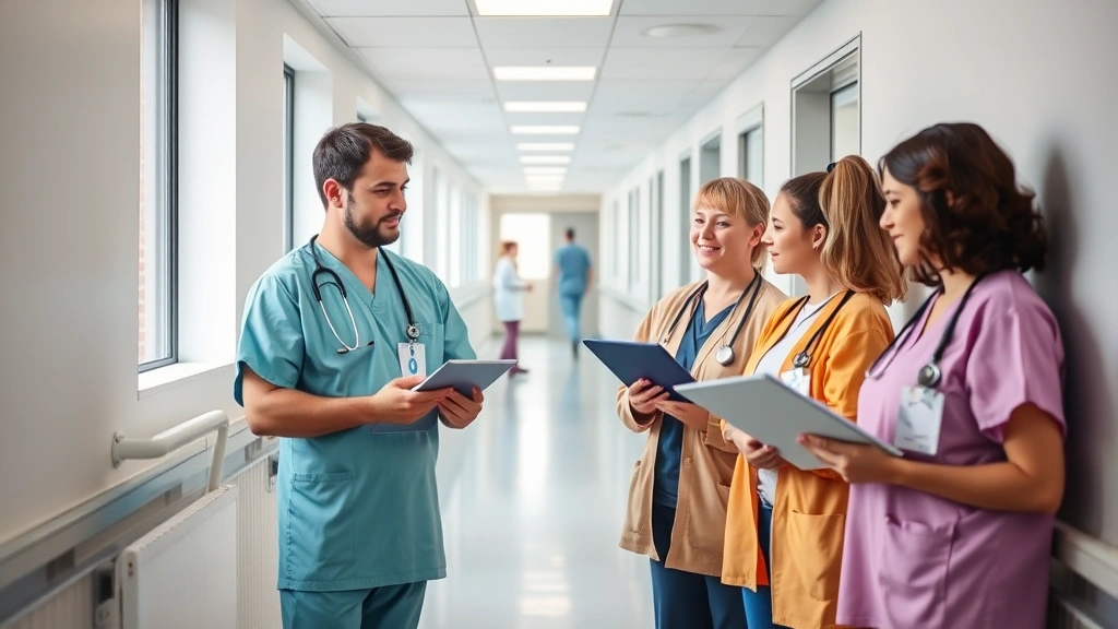 Healthcare professionals collaborating in a modern hospital corridor, discussing patient care with tablets and clipboards, natural lighting from windows, diverse team in scrubs