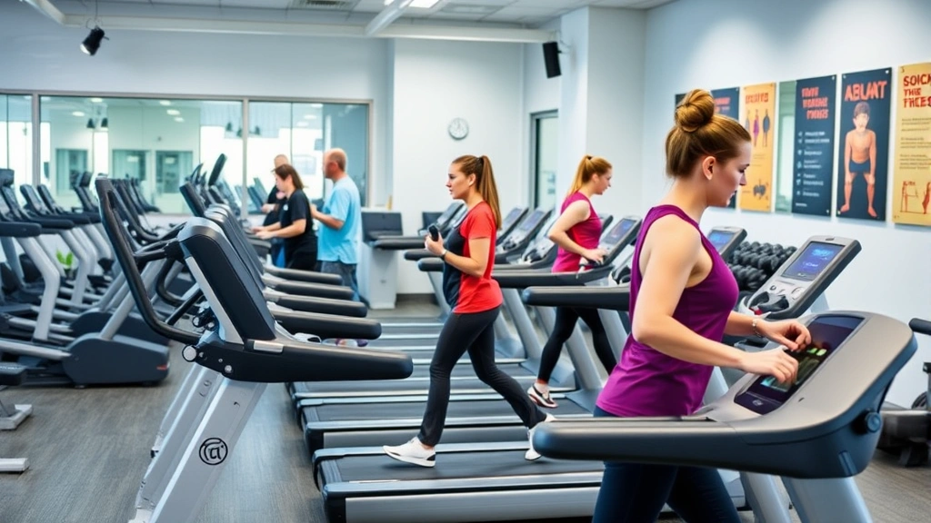 Employee wellness center with modern fitness equipment, employees exercising on treadmills and using weights, bright clean facility with motivational posters on walls