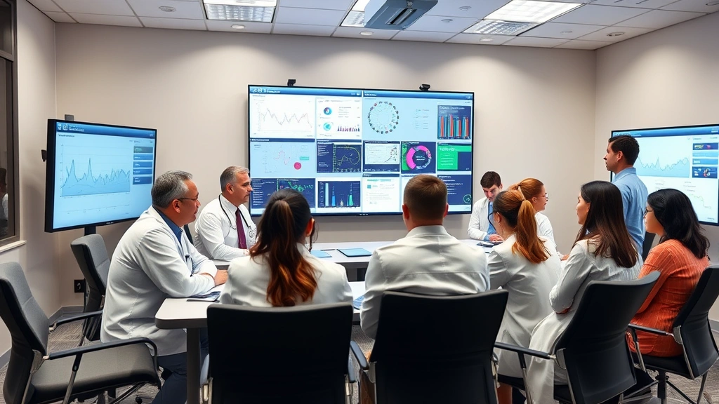 Medical team in a conference room reviewing data on large screens, diverse healthcare professionals including doctors and administrators, collaborative problem-solving atmosphere