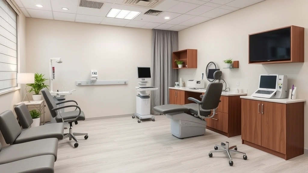 Modern medical examination room with comfortable furnishings, soft lighting, and professional medical equipment, empty with welcoming atmosphere