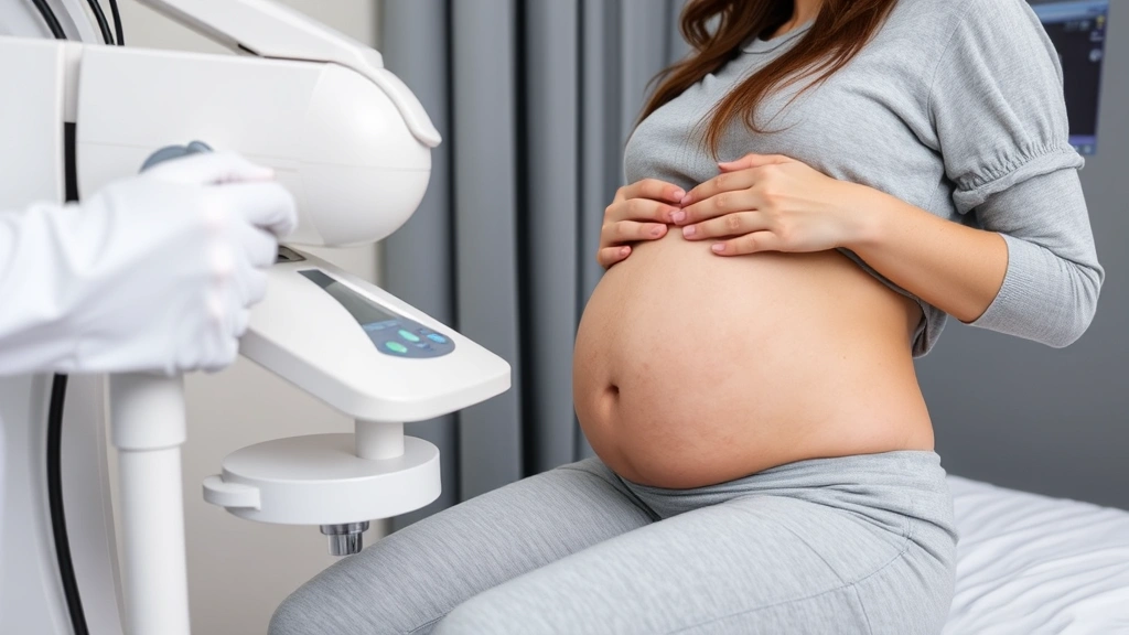 Pregnant woman in comfortable clothing receiving ultrasound examination from healthcare professional using advanced imaging equipment