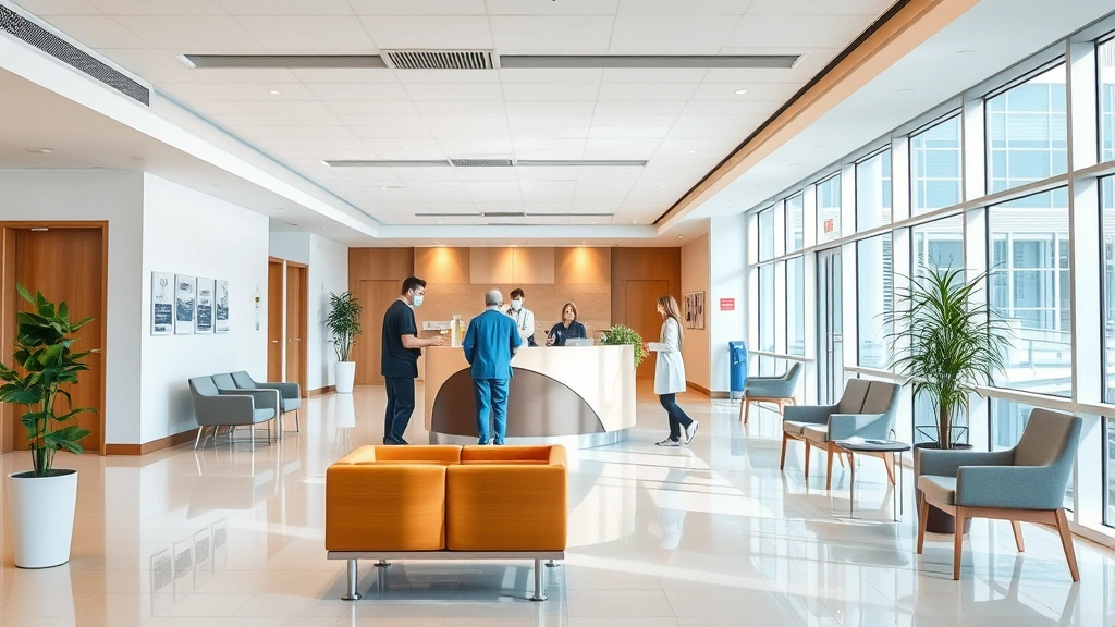 Modern hospital reception area with clean lines, bright natural lighting, comfortable seating, and professional healthcare staff greeting patients at desk