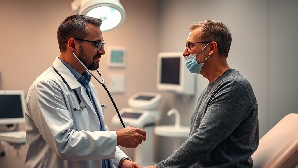 Medical professional examining patient with stethoscope in contemporary clinical examination room, warm lighting, modern medical equipment visible