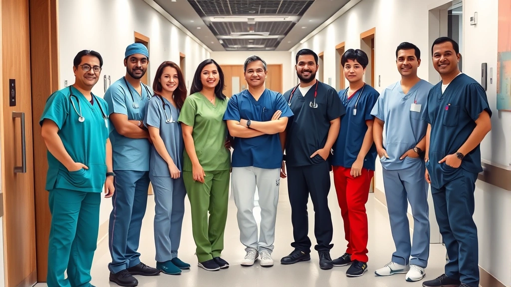Diverse healthcare team in surgical scrubs standing together in modern hospital corridor, professional and collaborative atmosphere, contemporary medical facility interior