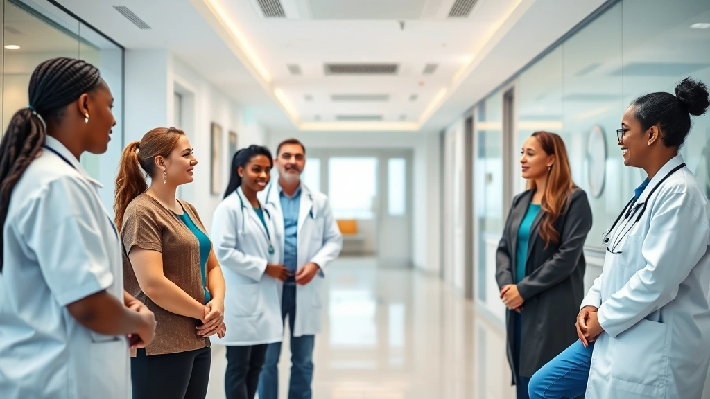 Professional healthcare setting with diverse patients and medical professionals consulting in a modern clinic lobby, warm lighting, welcoming atmosphere