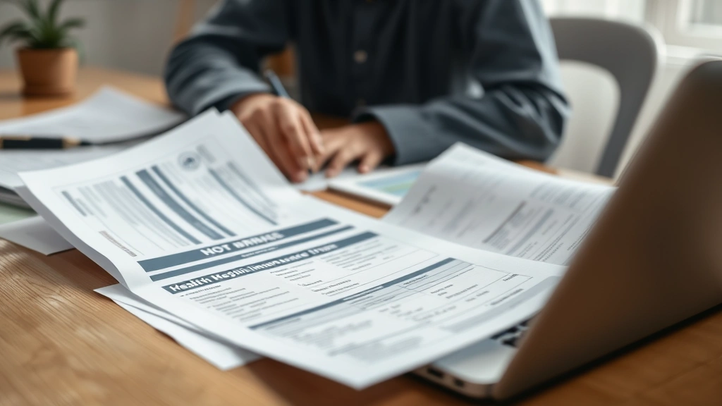 Close-up of a person reviewing health insurance documents and medical bills at a home desk, laptop visible, organized paperwork, natural daylight