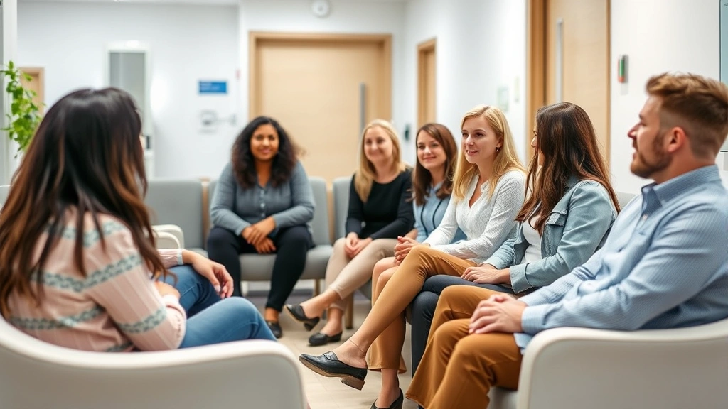 Diverse group of people in a comfortable waiting room of a medical office, sitting together, modern healthcare facility interior, bright and clean
