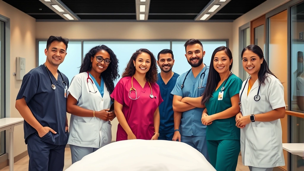 Diverse healthcare team in modern clinic setting with warm lighting, smiling professionals of various ethnicities in medical scrubs collaborating around patient care area