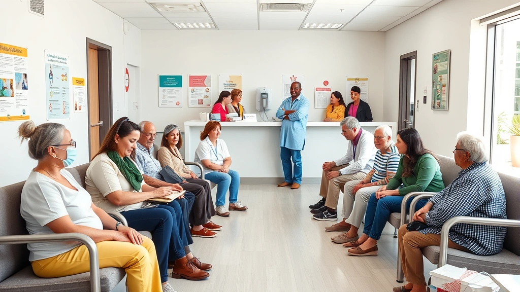 Group of patients of various ages and backgrounds in a bright, modern waiting room with comfortable seating, health education posters, and diverse staff at reception desk