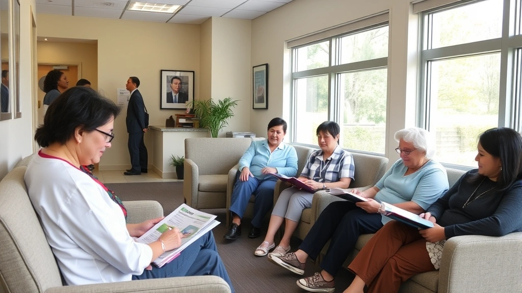 Patients in welcoming community health center waiting room with comfortable seating, natural light from windows, diverse people of different ages reading health education materials