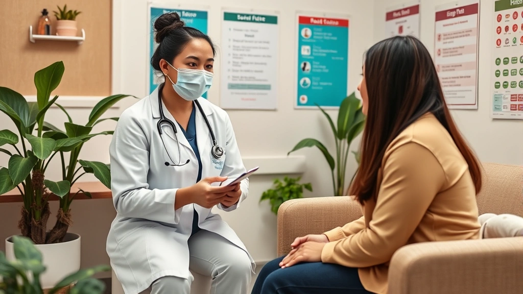 Healthcare provider conducting patient consultation in warm, culturally inclusive clinic room with plants, comfortable furnishings, and visible multilingual health education posters on walls