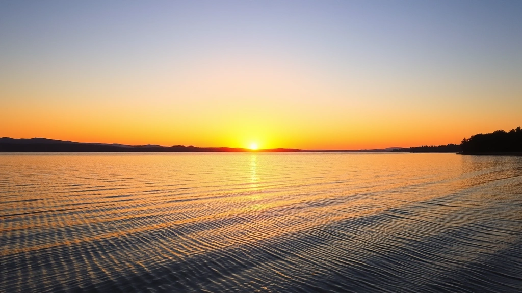 Serene lakeside landscape at sunset with calm water reflecting golden light, peaceful nature setting without people