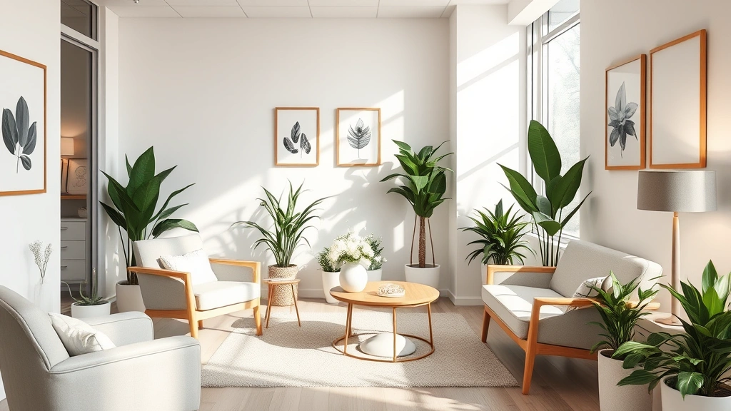 Modern therapy office interior with comfortable seating, soft lighting, plants, and calming decor creating welcoming clinical environment