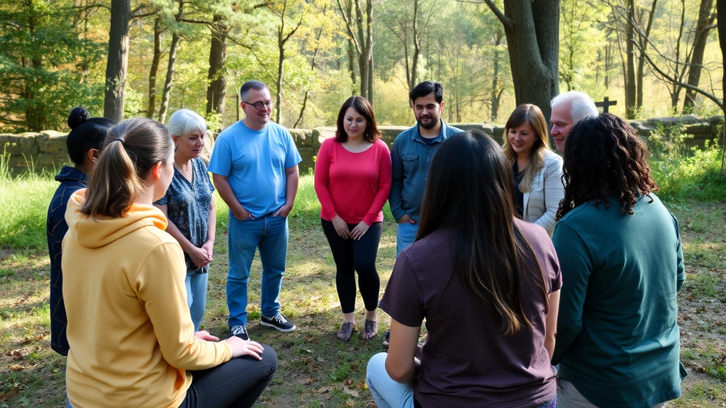 Group of diverse individuals in circle during outdoor wellness activity, engaged and supportive atmosphere in natural setting