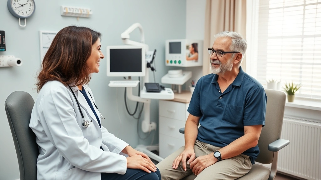 Primary care examination room with provider and patient in consultation, comfortable clinical environment with advanced medical technology, caring and professional interaction