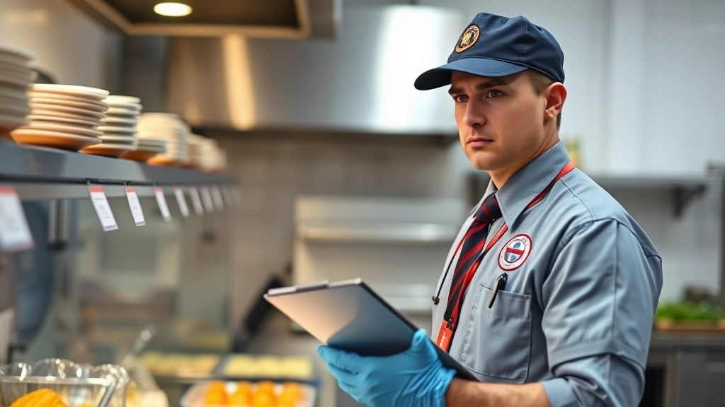Professional health inspector in uniform examining food preparation area with clipboard and protective gloves, serious expression, clean kitchen environment
