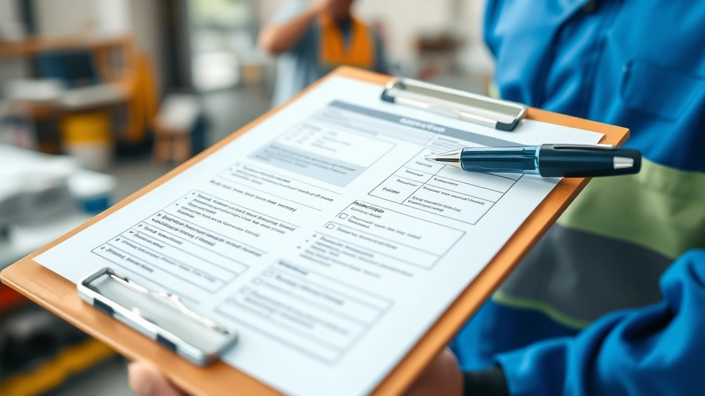 Close-up of inspection documentation and safety compliance checklist on clipboard with pen, professional workplace setting, natural lighting