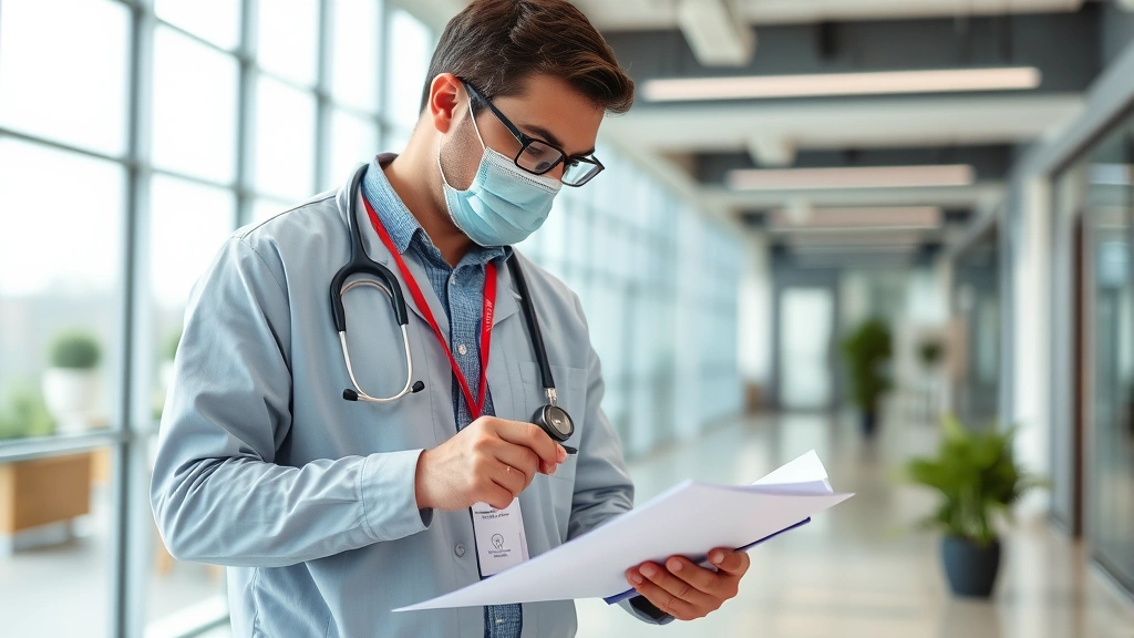 Health inspection authority figure reviewing facility records and taking notes during routine inspection, modern office or facility background