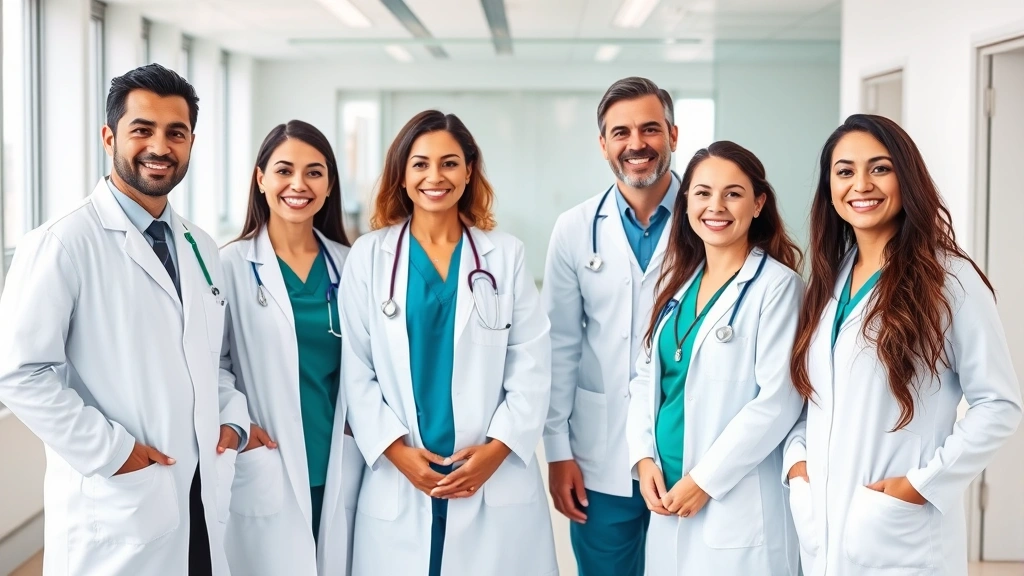 Diverse healthcare team of doctors and nurses in modern clinical setting, wearing white coats, smiling warmly at camera, professional medical environment