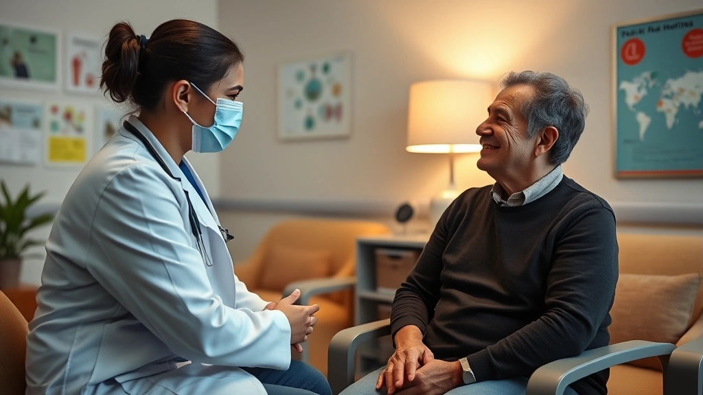 Patient receiving care from compassionate healthcare provider during consultation, warm lighting, comfortable clinic room with health posters visible