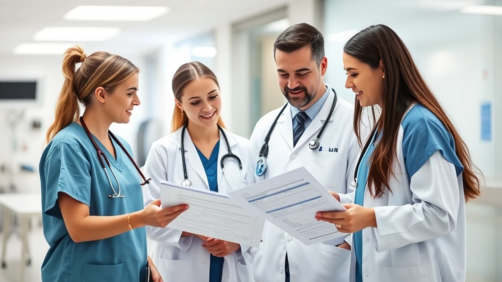 Group of medical professionals collaborating in a clinical setting, reviewing charts and discussing patient care with engaged expressions and modern hospital environment