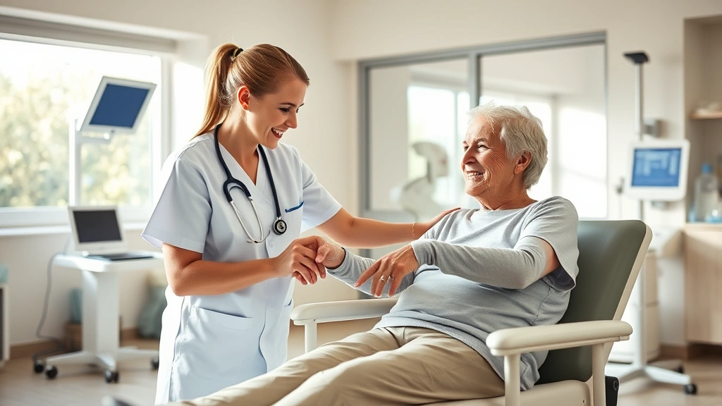 Healthcare worker assisting elderly patient with rehabilitation therapy in bright, welcoming clinical facility with natural lighting and modern medical equipment