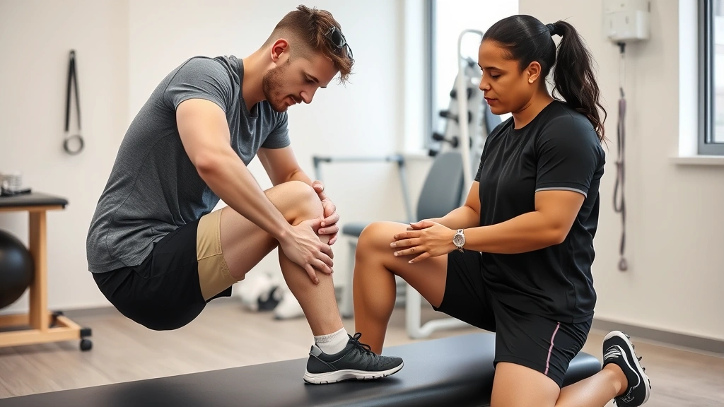 Athletic trainer assessing patient's knee movement in clinical rehabilitation space, professional medical setting with treatment equipment visible, proper form demonstration