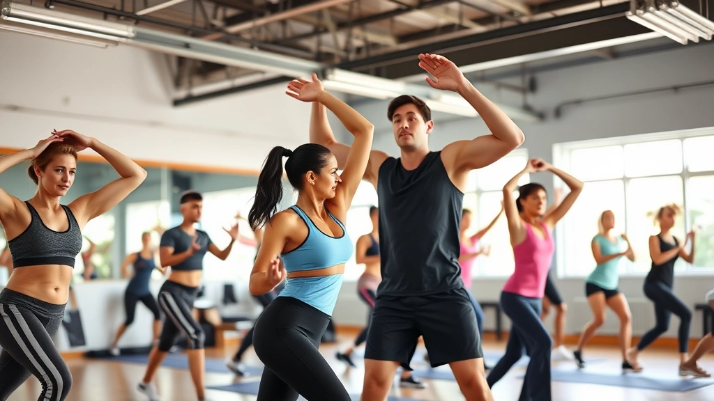 Group fitness class in motion with diverse participants performing strength exercises, energetic studio atmosphere with natural lighting, instructor demonstrating proper form